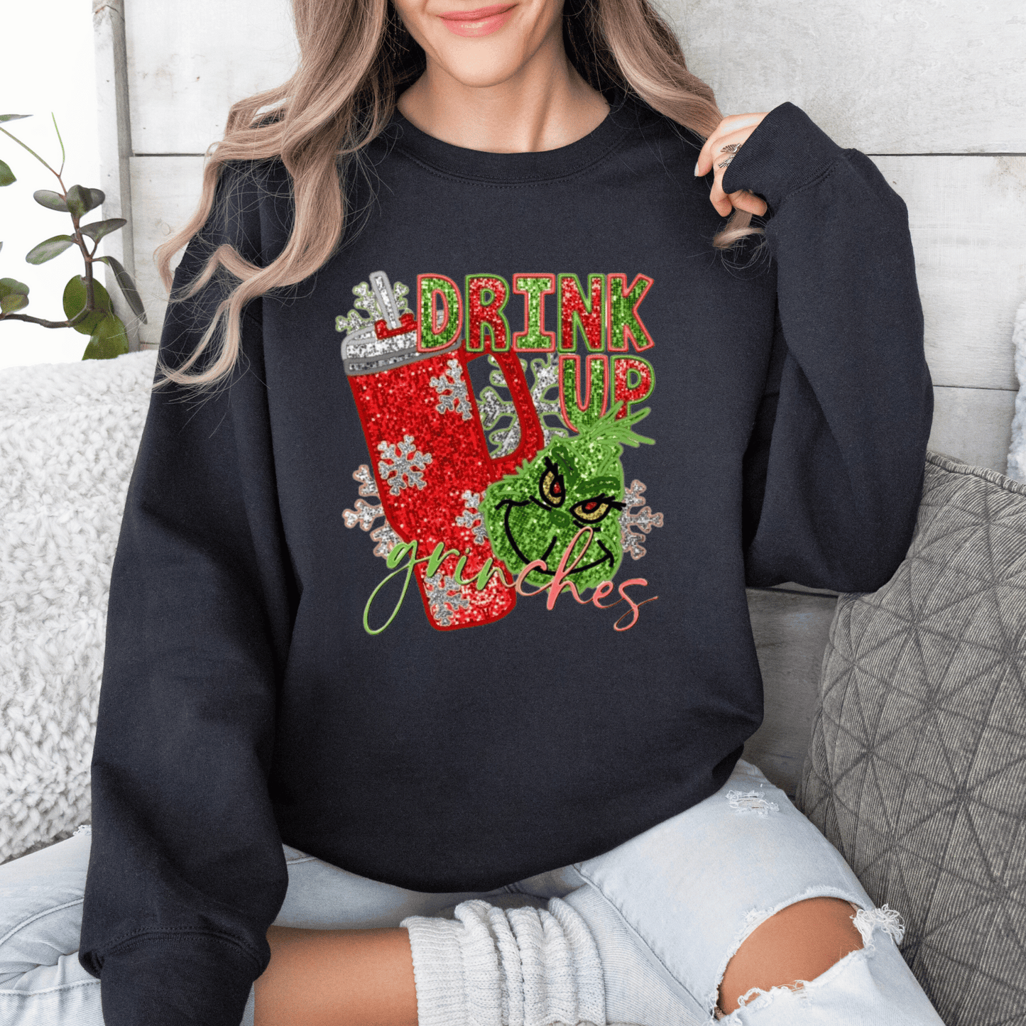 Drink Up Faux Glitter Sweatshirt