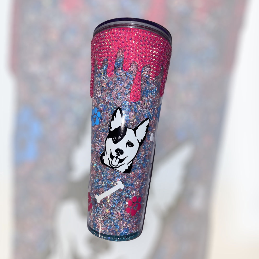 Rhinestone Filled Dog Life 24oz. Tumbler w/ Rhinestone Drips