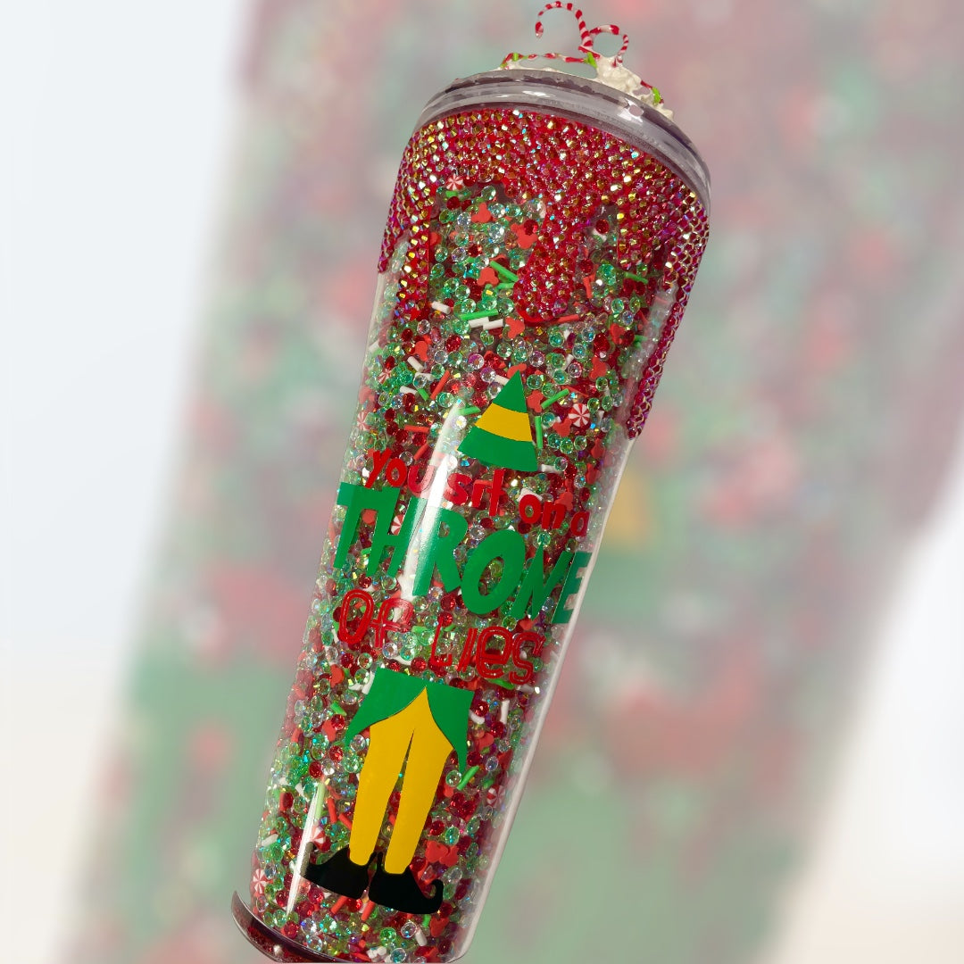 ELF Rhinestone Filled 24oz. Tumbler w/ Rhinestone Drips and Whipped Cream Candy Lid Topper