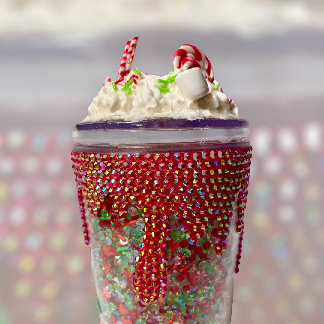ELF Rhinestone Filled 24oz. Tumbler w/ Rhinestone Drips and Whipped Cream Candy Lid Topper