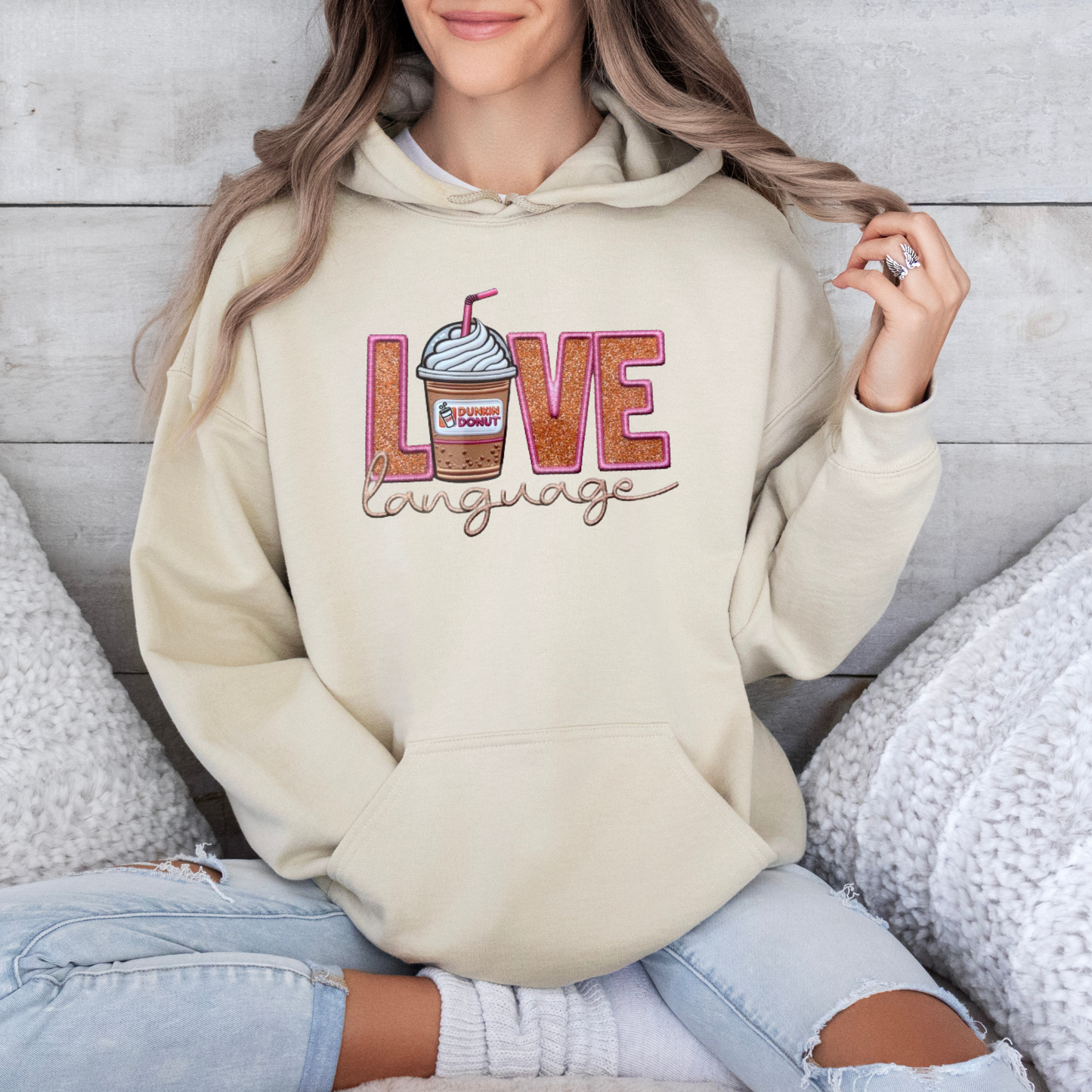 Love Language Faux Embroidered Dunkin' Hoodie