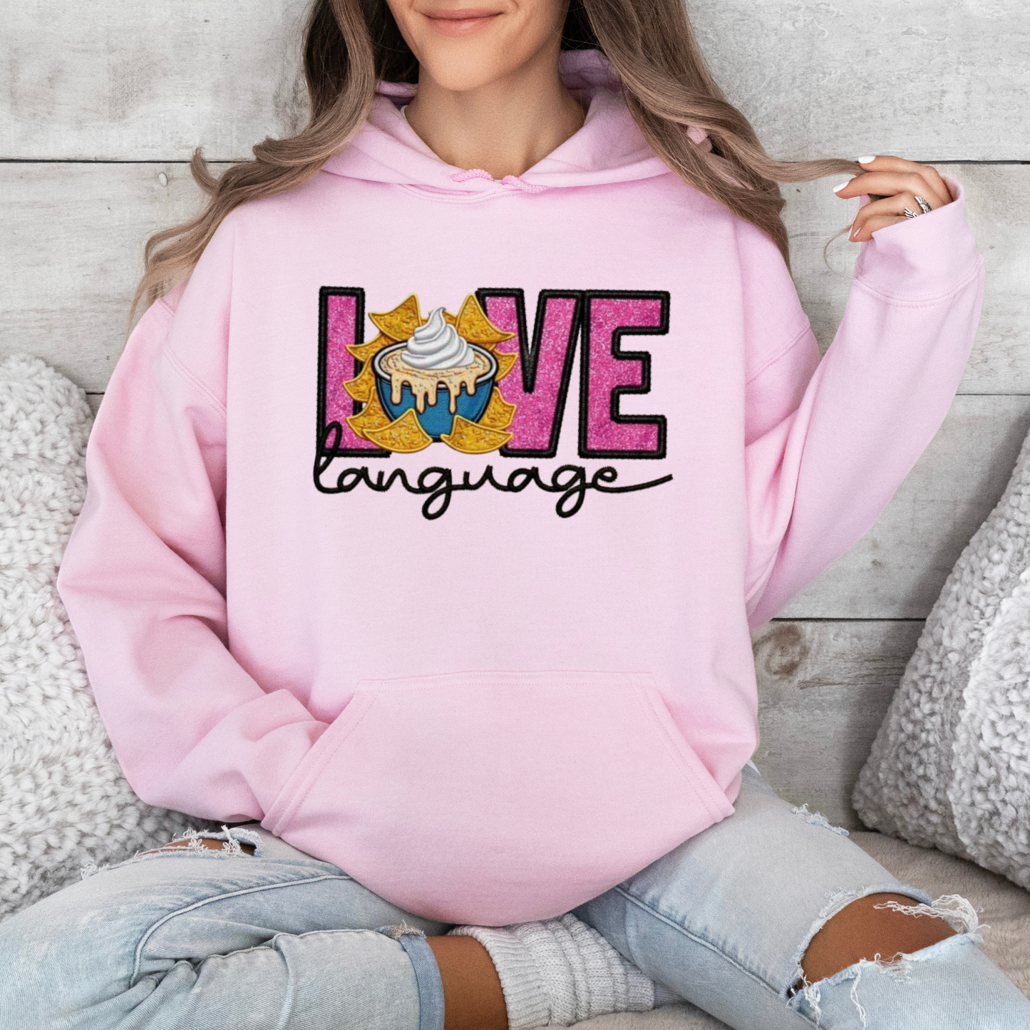 Love Language Faux Embroidered Queso Hoodie