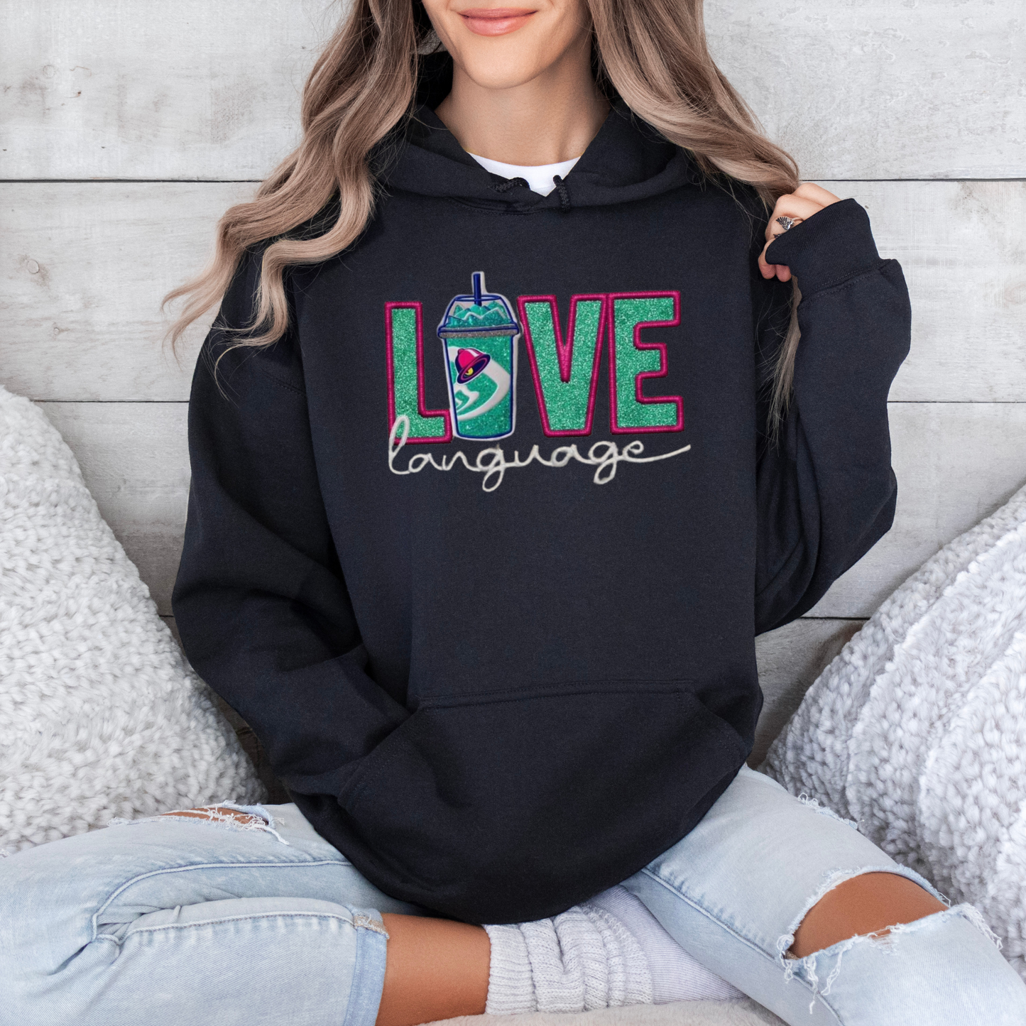 Love Language Faux Embroidered Soda Blast Hoodie