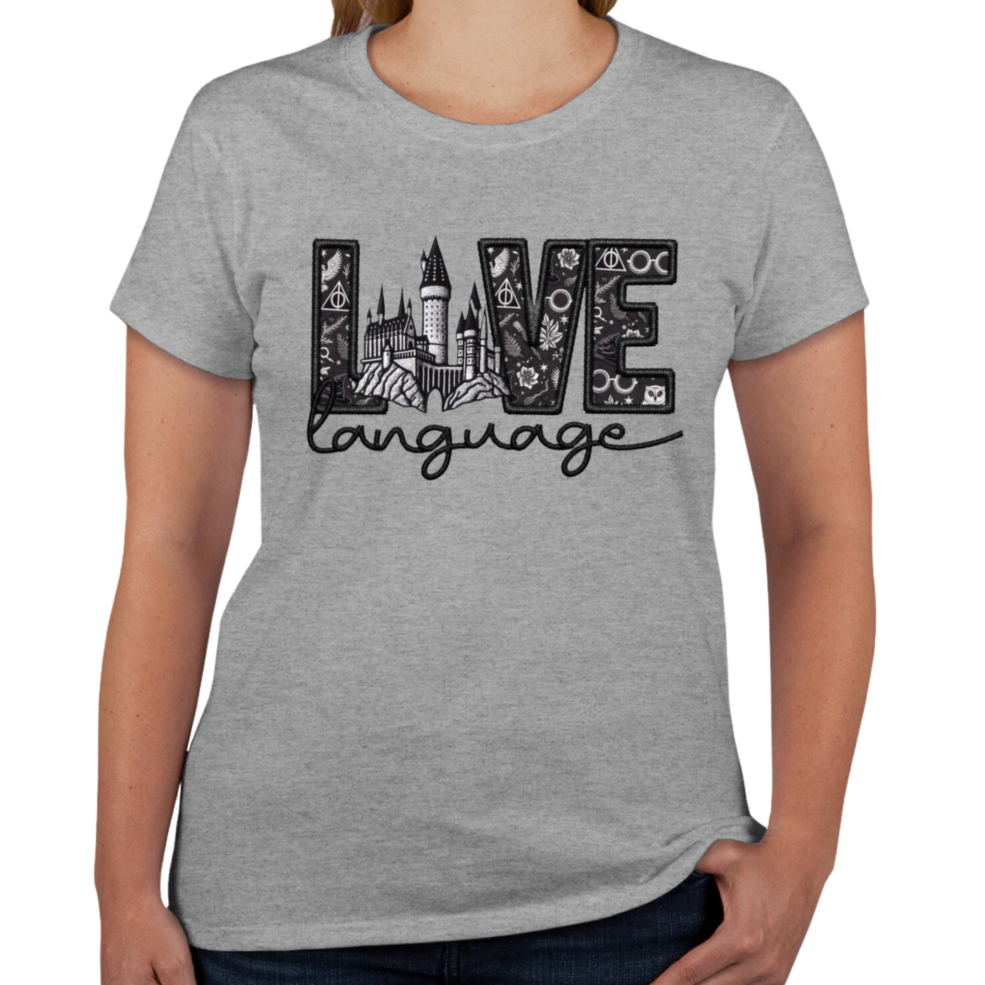 Love Language Faux Embroidered HP Castle Graphic Tee
