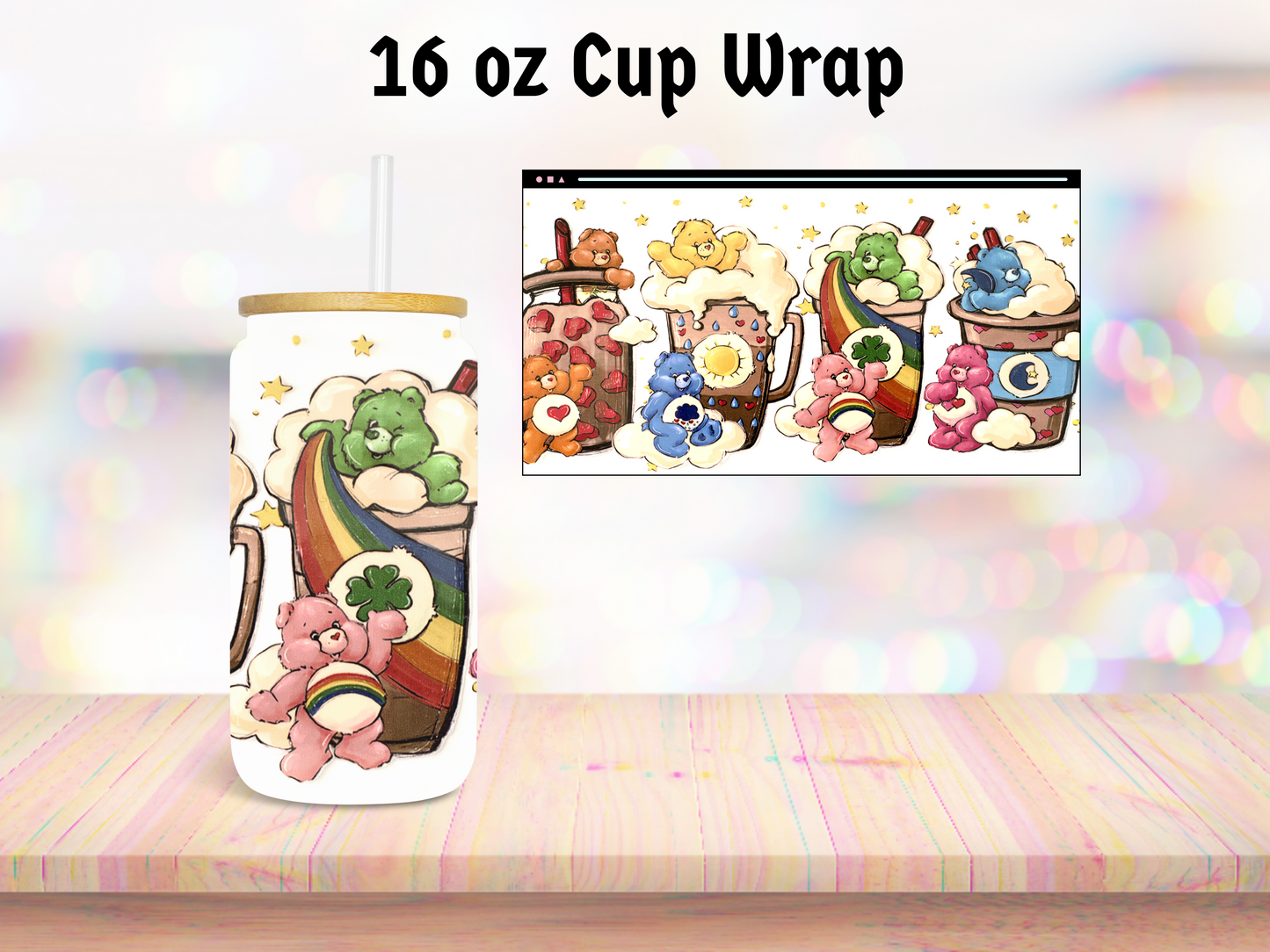 Rainbow Bears in Cups 16oz Cup Wrap