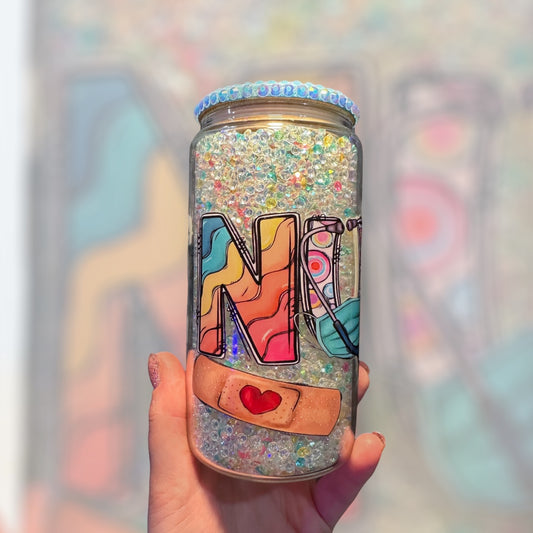 Rainbow rhinestone nurse glass tumbler