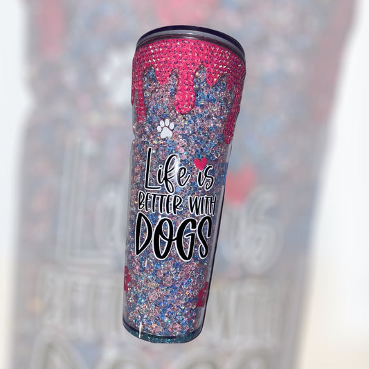 Rhinestone Filled Dog Life 24oz. Tumbler w/ Rhinestone Drips