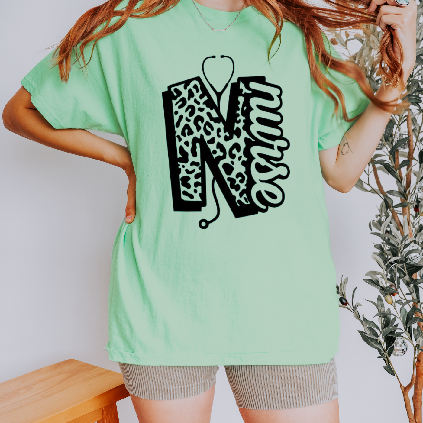 Leopard Print Nurse Mint Green Graphic Tee