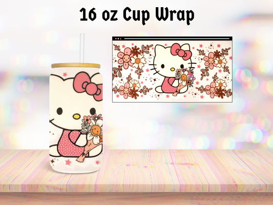 Pink Kitty Flowered 16oz Cup Wrap